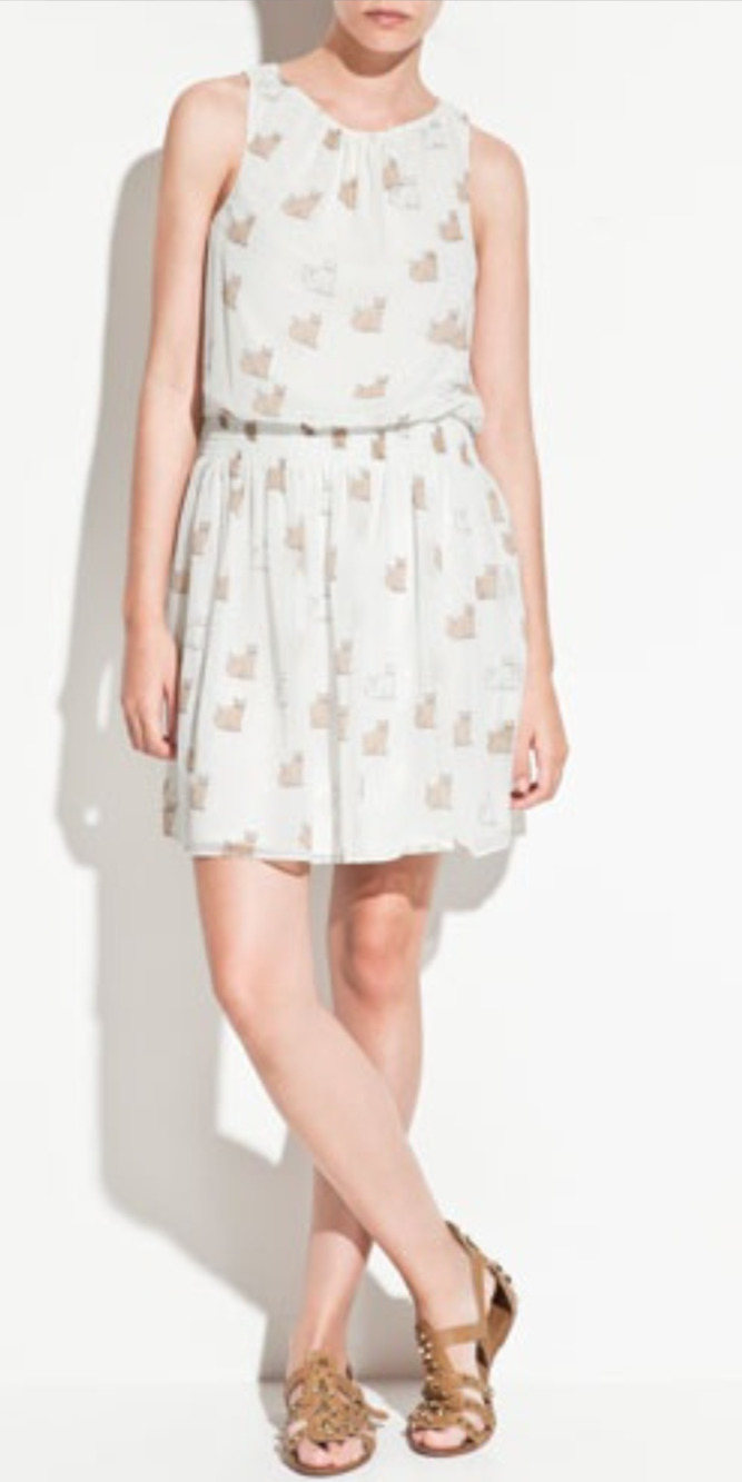 Zara cat print smocked waist tie neck open back dress Size Sm Ivory Novelty